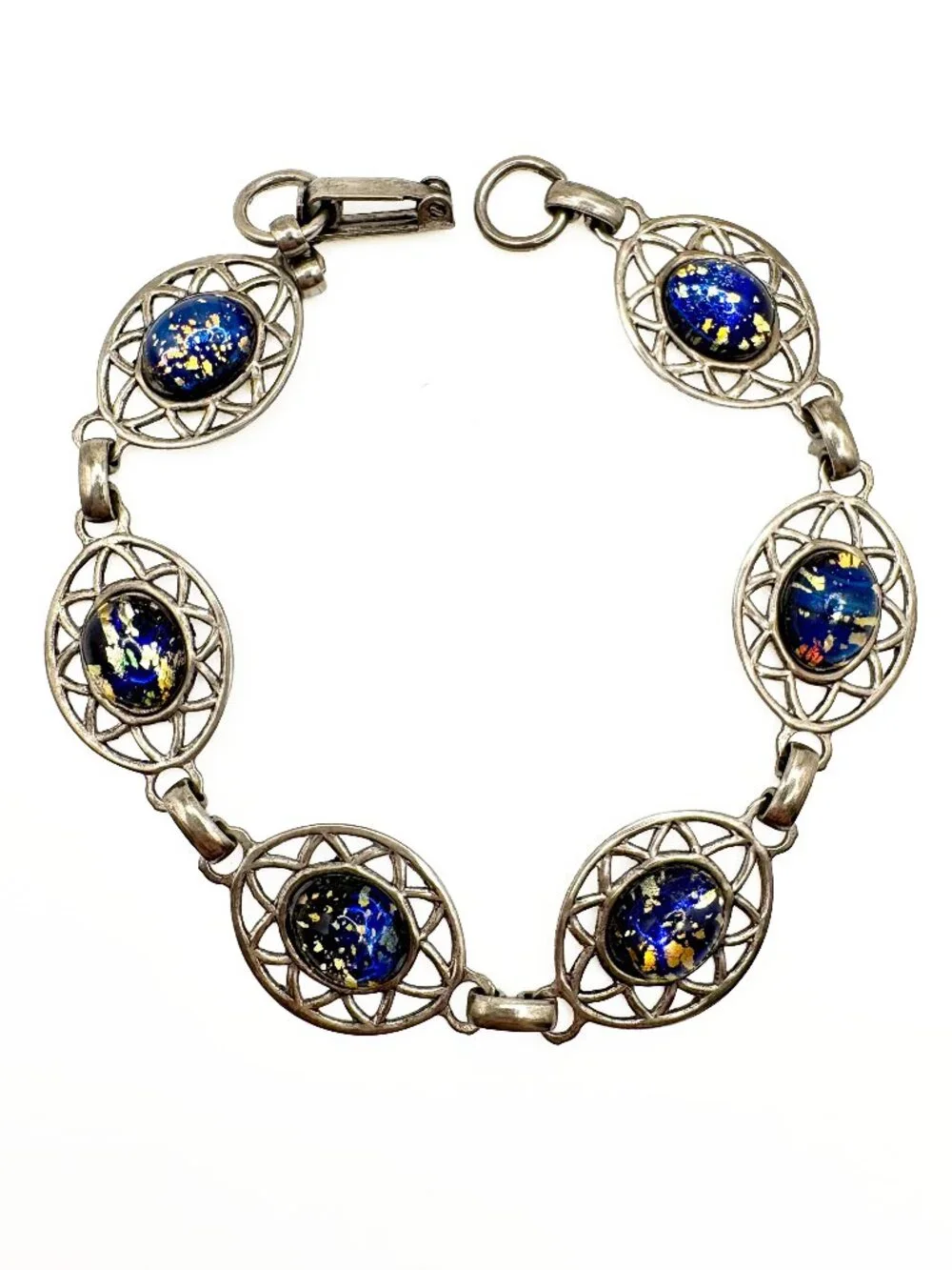 Vintage Blue Foil Confetti Glass Bracelet Silver Tone